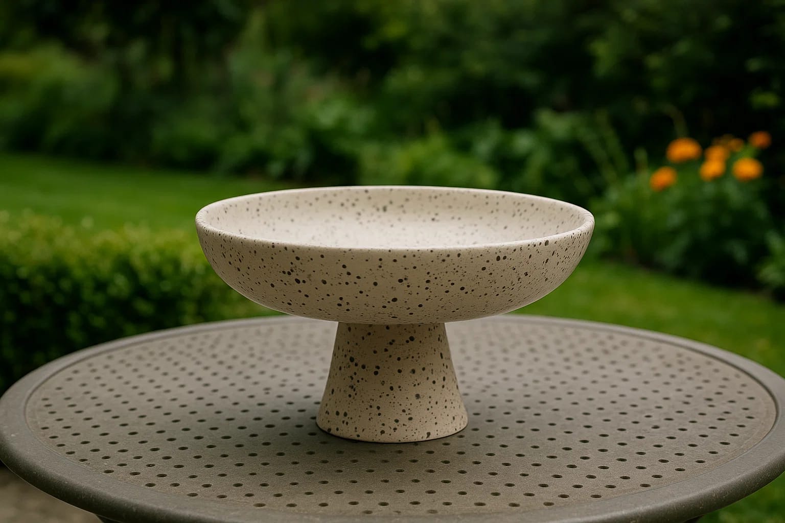 A chic speckled ceramic pedestal
bowl with a double-tier silhouette.
Perfect for fruit, desserts, snack...