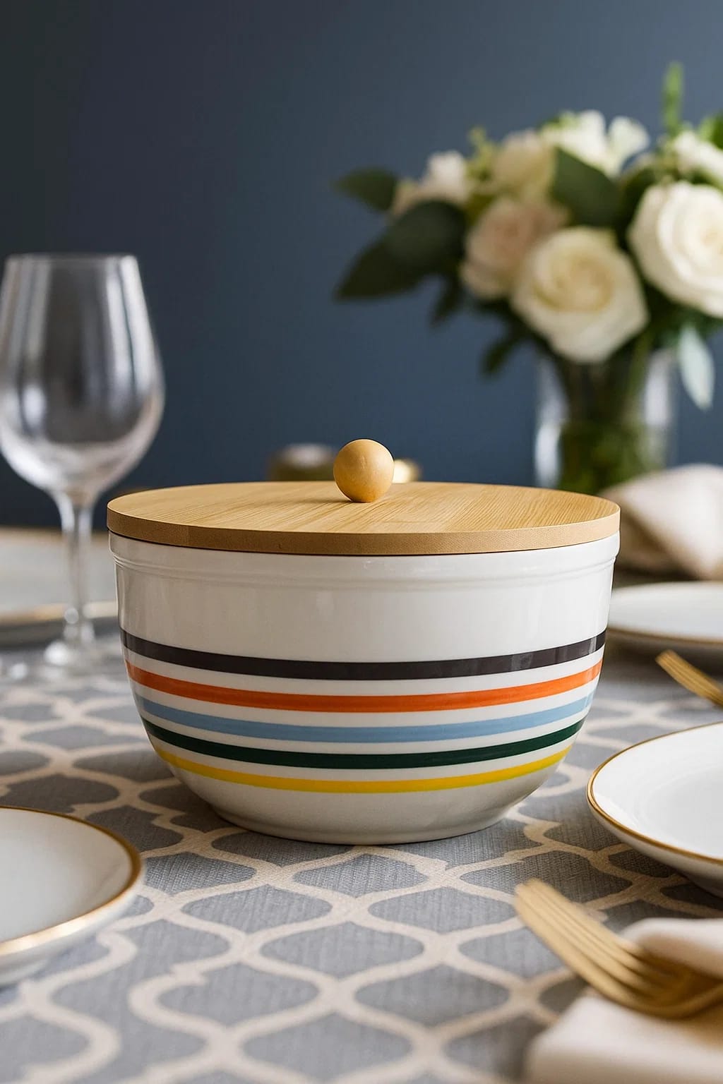 A stylish ceramic casserole with a natural wood lid that helps keep food warm on the table