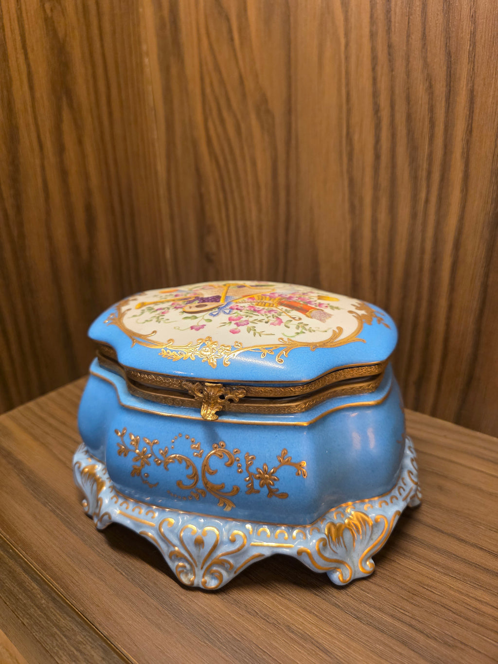 Antique 19th Century French Continental Blue Porcelain Jewelry Casket Box