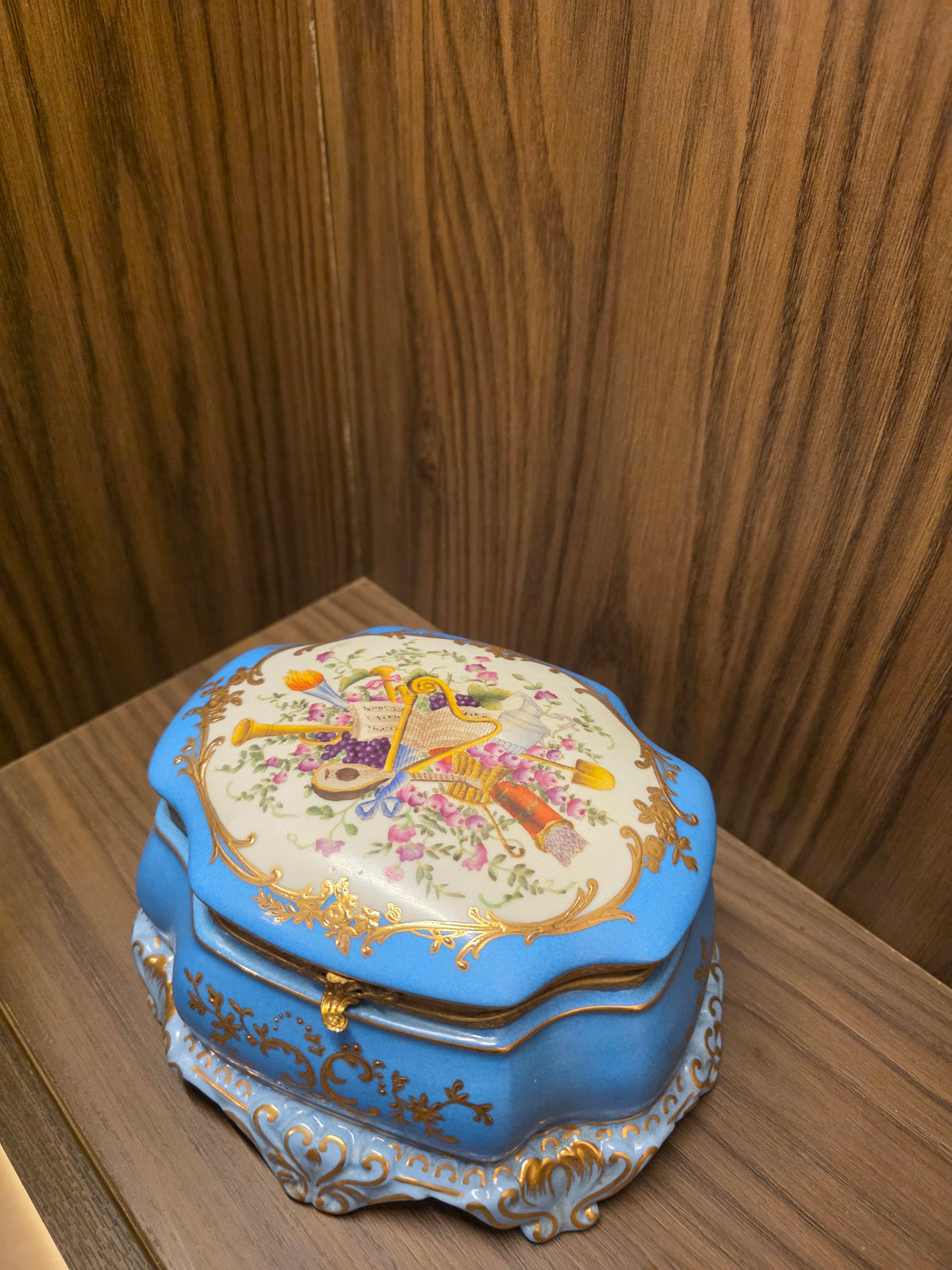 Antique 19th Century French Continental Blue Porcelain Jewelry Casket Box