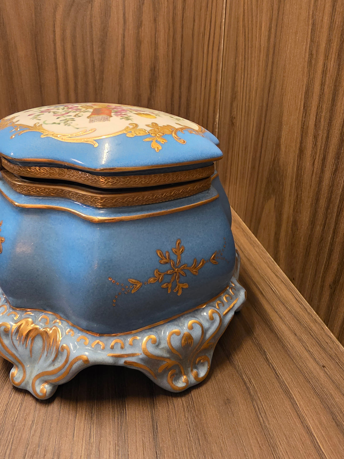 Antique 19th Century French Continental Blue Porcelain Jewelry Casket Box