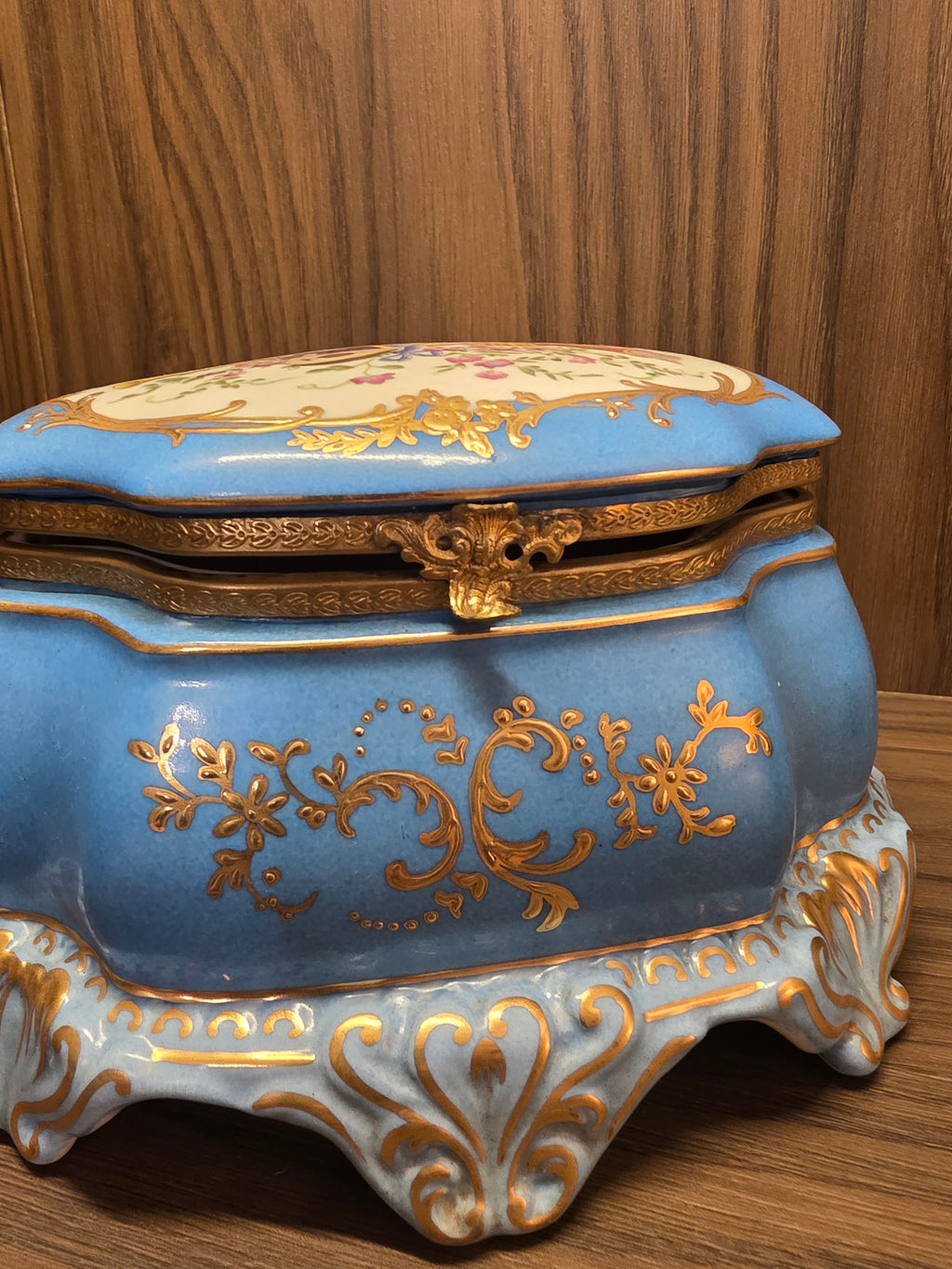 Antique 19th Century French Continental Blue Porcelain Jewelry Casket Box