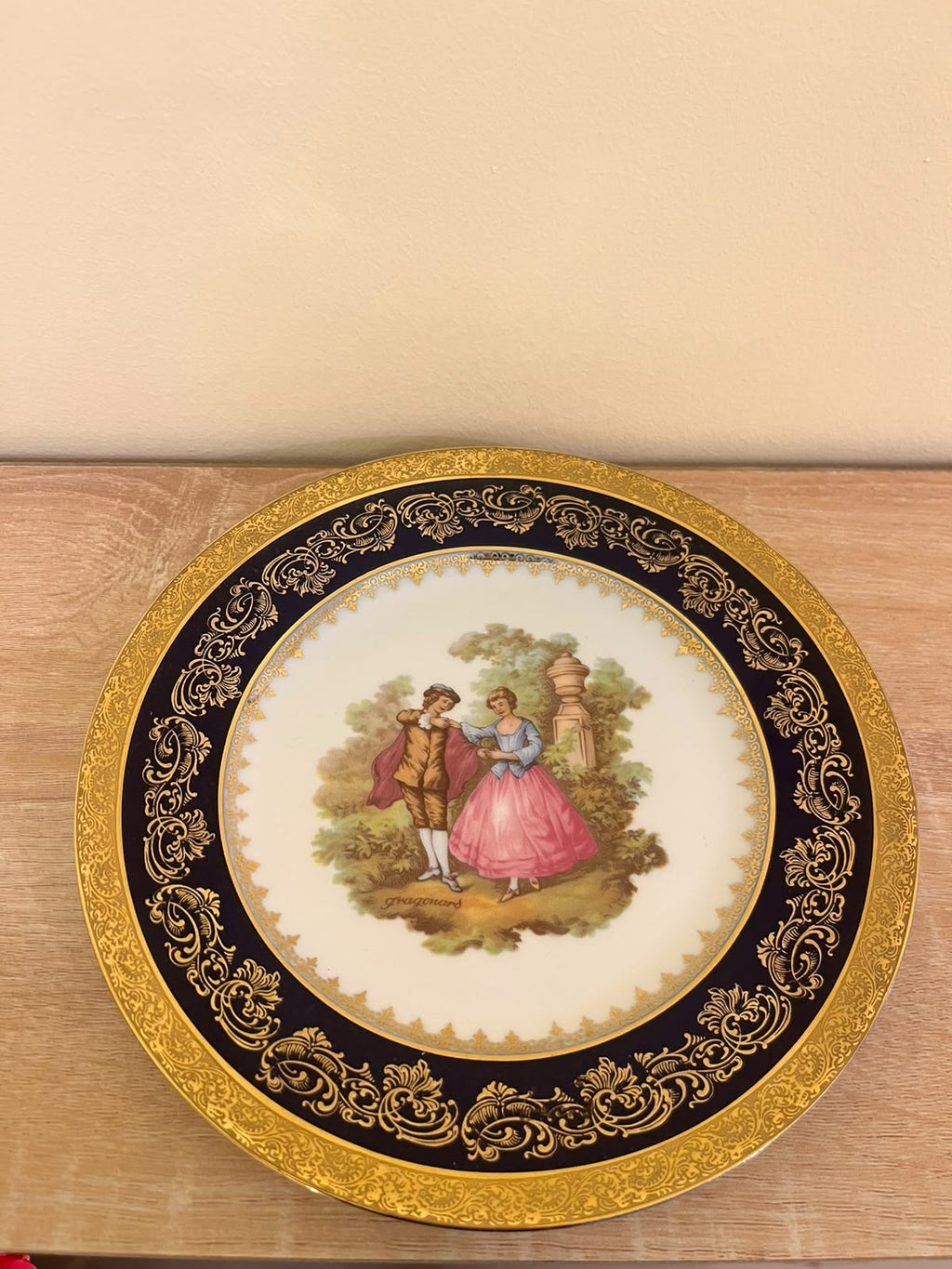 Vintage Limoges France Cobalt Blue & 22K Gold Fragonard Courting Couple Cabinet Plate