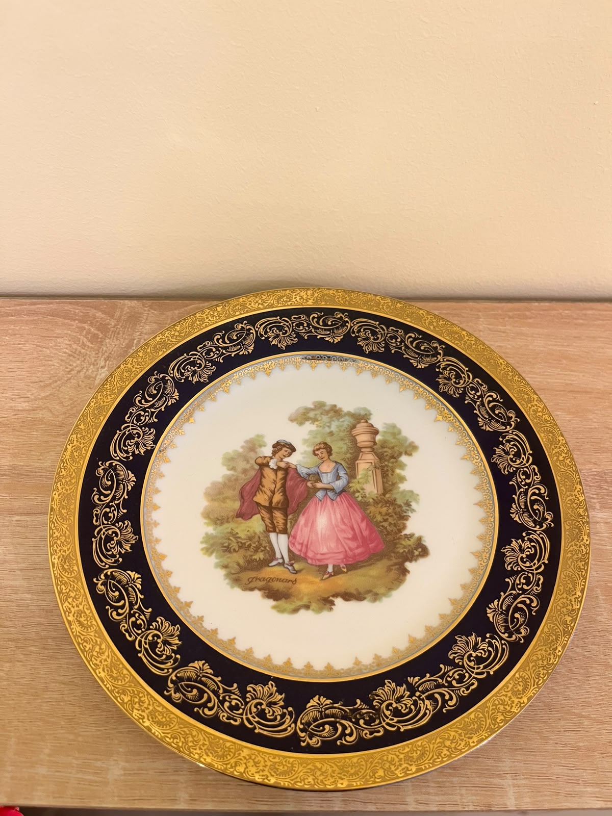 Vintage Limoges France Cobalt Blue & 22K Gold Fragonard Courting Couple Cabinet Plate