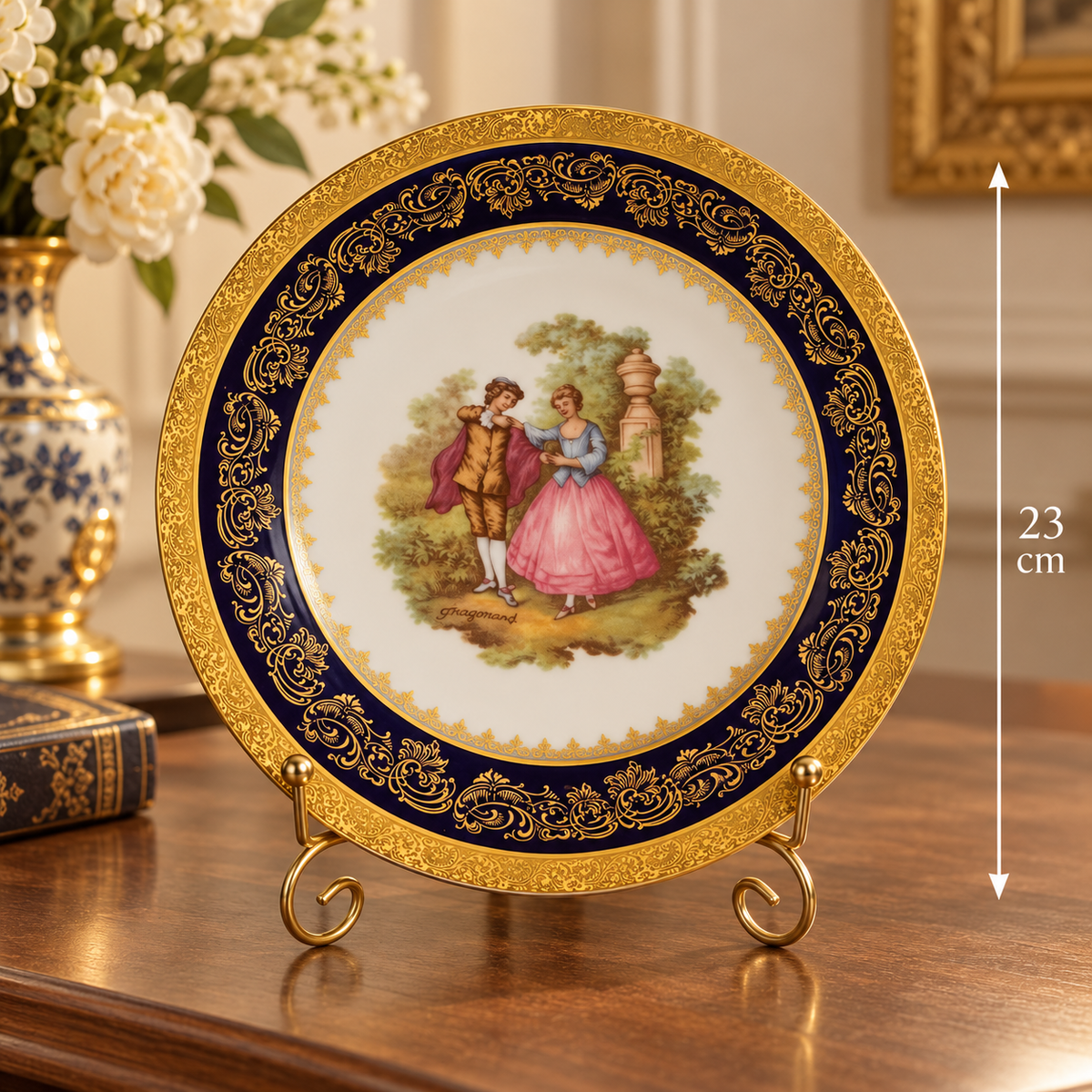 Vintage Limoges France Cobalt Blue & 22K Gold Fragonard Courting Couple Cabinet Plate