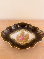 Vintage Limoges Castel France Cobalt Blue & 22K Gold Fragonard Courting Couple Ruffled Trinket Dish