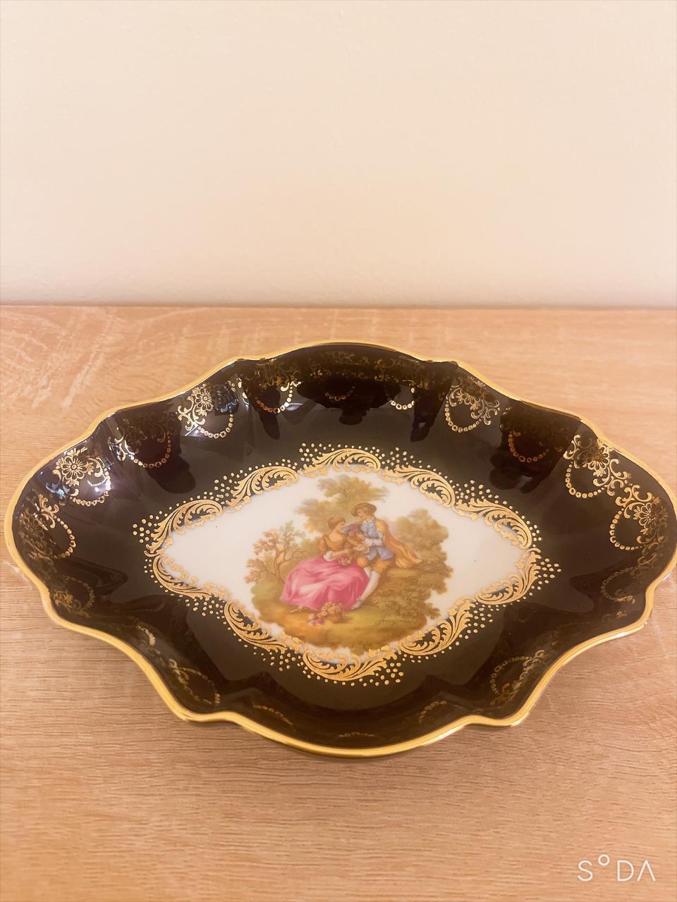 Vintage Limoges Castel France Cobalt Blue & 22K Gold Fragonard Courting Couple Ruffled Trinket Dish