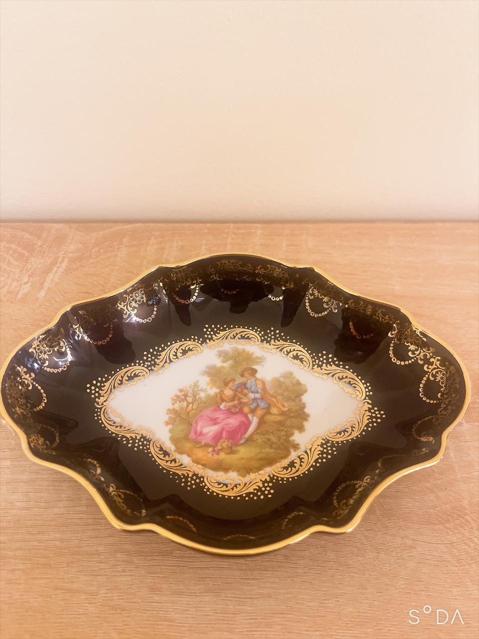 Vintage Limoges Castel France Cobalt Blue & 22K Gold Fragonard Courting Couple Ruffled Trinket Dish