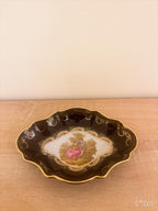 Vintage Limoges Castel France Cobalt Blue & 22K Gold Fragonard Courting Couple Ruffled Trinket Dish