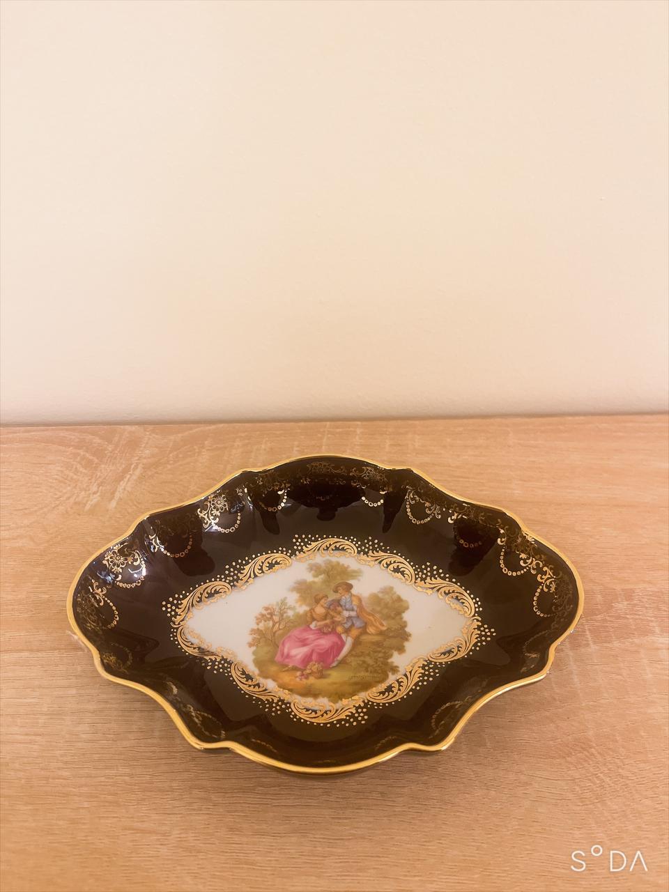 Vintage Limoges Castel France Cobalt Blue & 22K Gold Fragonard Courting Couple Ruffled Trinket Dish