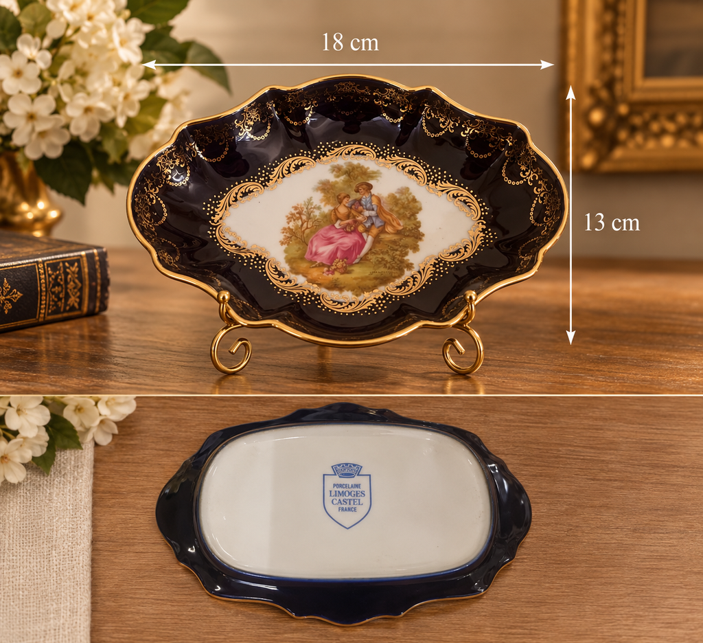 Vintage Limoges Castel France Cobalt Blue & 22K Gold Fragonard Courting Couple Ruffled Trinket Dish