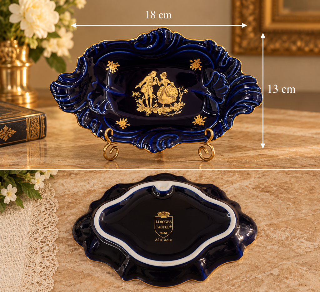 Vintage Limoges Castel France Cobalt Blue 22K Gold Silhouette Courting Couple Swirl Trinket Dish