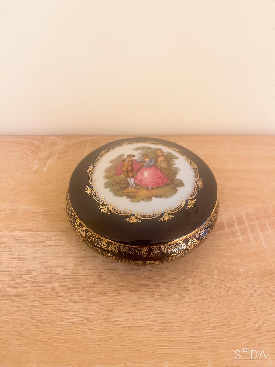 Vintage Limoges Castel France Cobalt Blue 22K Gold Fragonard Courting Couple Round Trinket Powder Box
