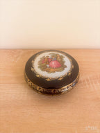 Vintage Limoges Castel France Cobalt Blue 22K Gold Fragonard Courting Couple Round Trinket Powder Box