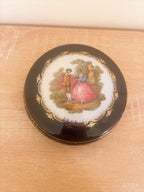 Vintage Limoges Castel France Cobalt Blue 22K Gold Fragonard Courting Couple Round Trinket Powder Box