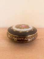 Vintage Limoges Castel France Cobalt Blue 22K Gold Fragonard Courting Couple Round Trinket Powder Box