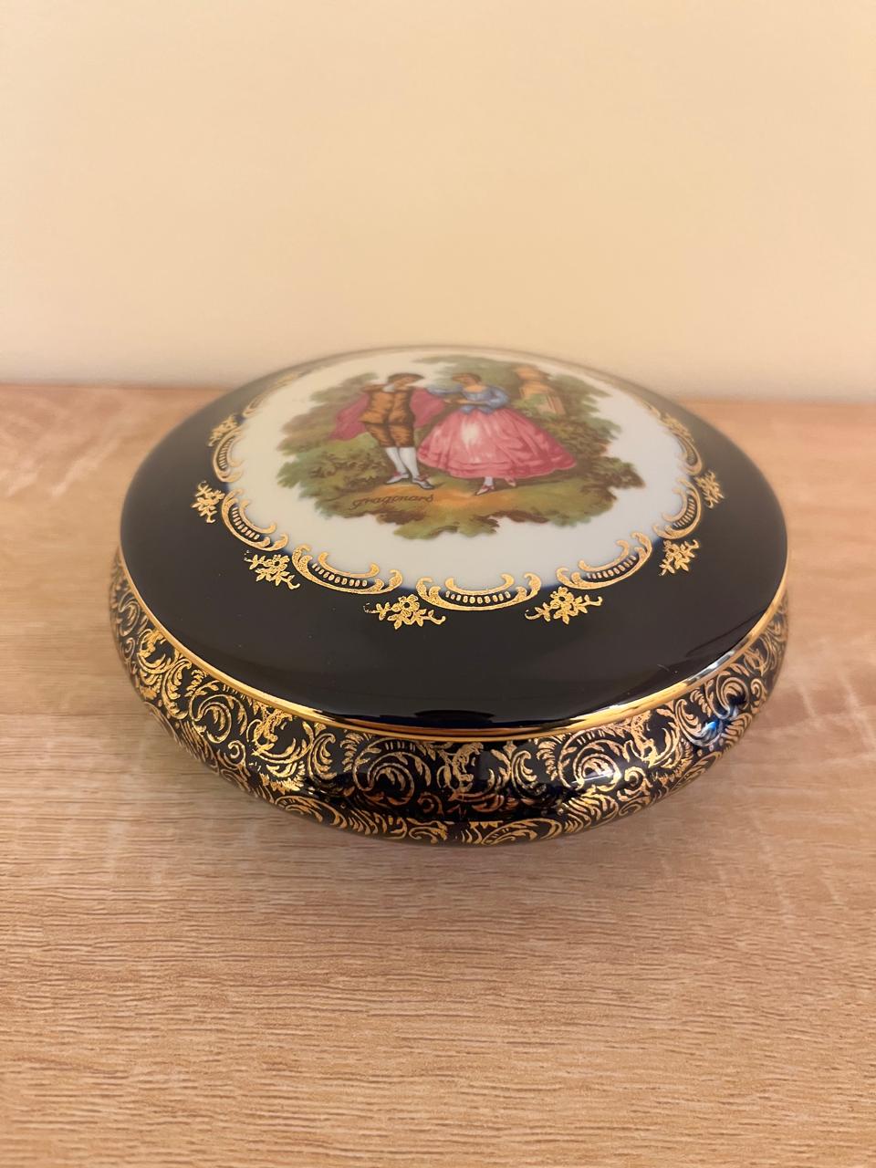 Vintage Limoges Castel France Cobalt Blue 22K Gold Fragonard Courting Couple Round Trinket Powder Box