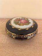 Vintage Limoges Castel France Cobalt Blue 22K Gold Fragonard Courting Couple Round Trinket Powder Box
