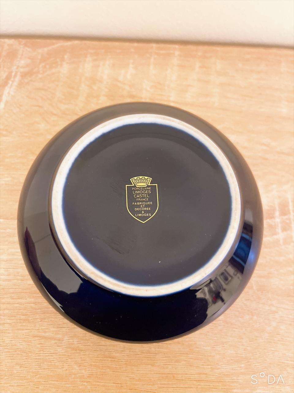 Vintage Limoges Castel France Cobalt Blue 22K Gold Fragonard Courting Couple Round Trinket Powder Box