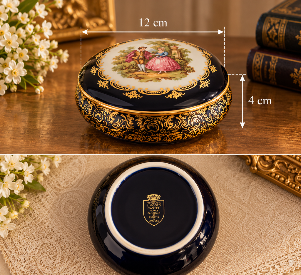Vintage Limoges Castel France Cobalt Blue 22K Gold Fragonard Courting Couple Round Trinket Powder Box