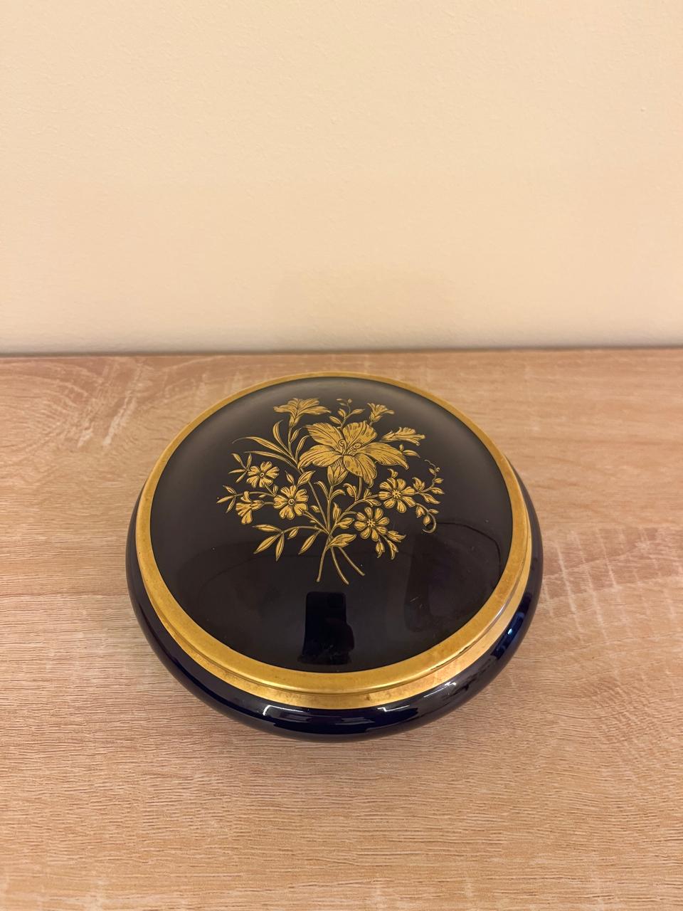 Large Vintage Limoges France Cobalt Blue & 22K Gold Floral Covered Candy Trinket Box 17cm
