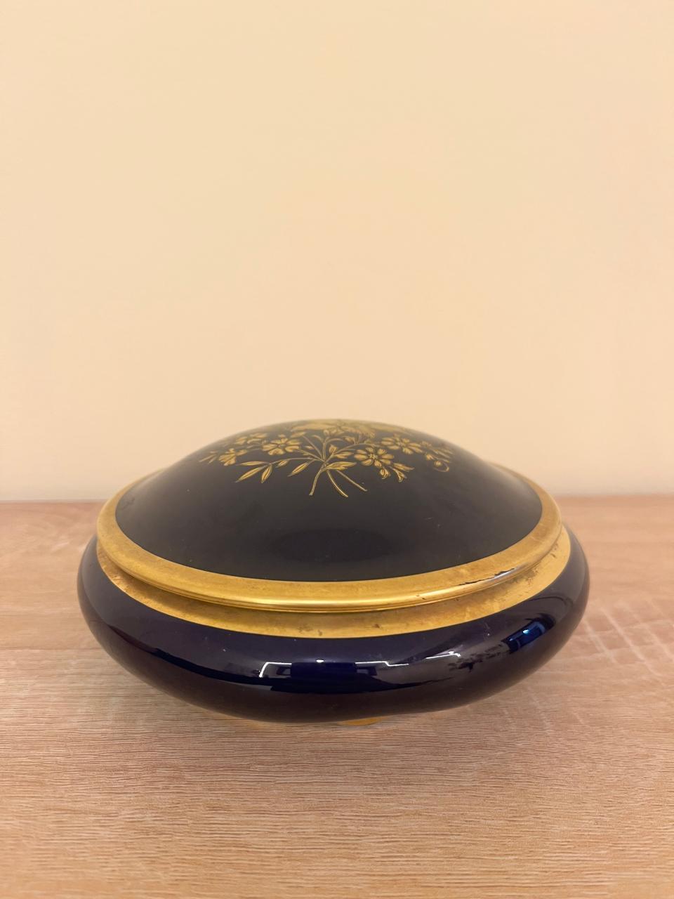 Large Vintage Limoges France Cobalt Blue & 22K Gold Floral Covered Candy Trinket Box 17cm