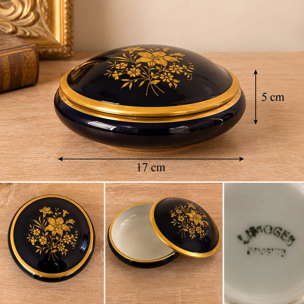 Large Vintage Limoges France Cobalt Blue & 22K Gold Floral Covered Candy Trinket Box 17cm