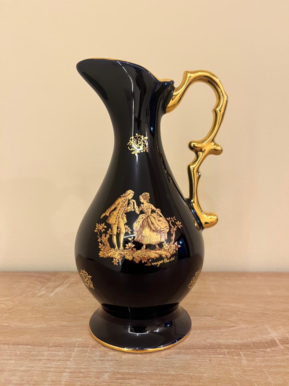 Vintage Limoges Castel France Cobalt Blue 22K Gold Silhouette Courting Couple Pitcher Ewer 18cm