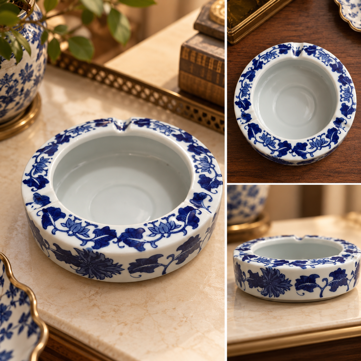 Bleu Blanc Elegance – Classic Floral Ceramic Ashtray