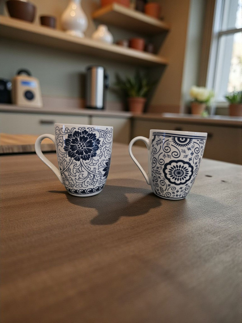 Blue & White Patterned Porcelain Mugs - set of 3