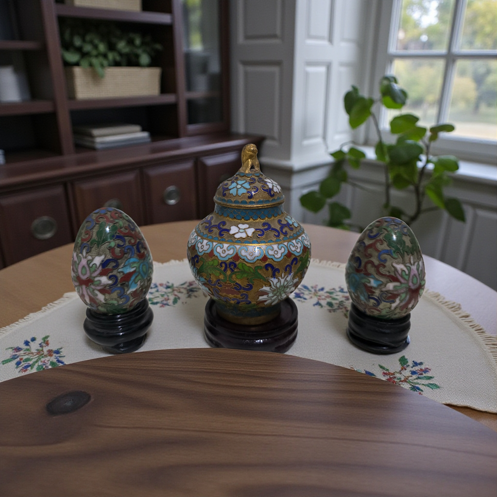 Set of three cloisonné decorative pieces
