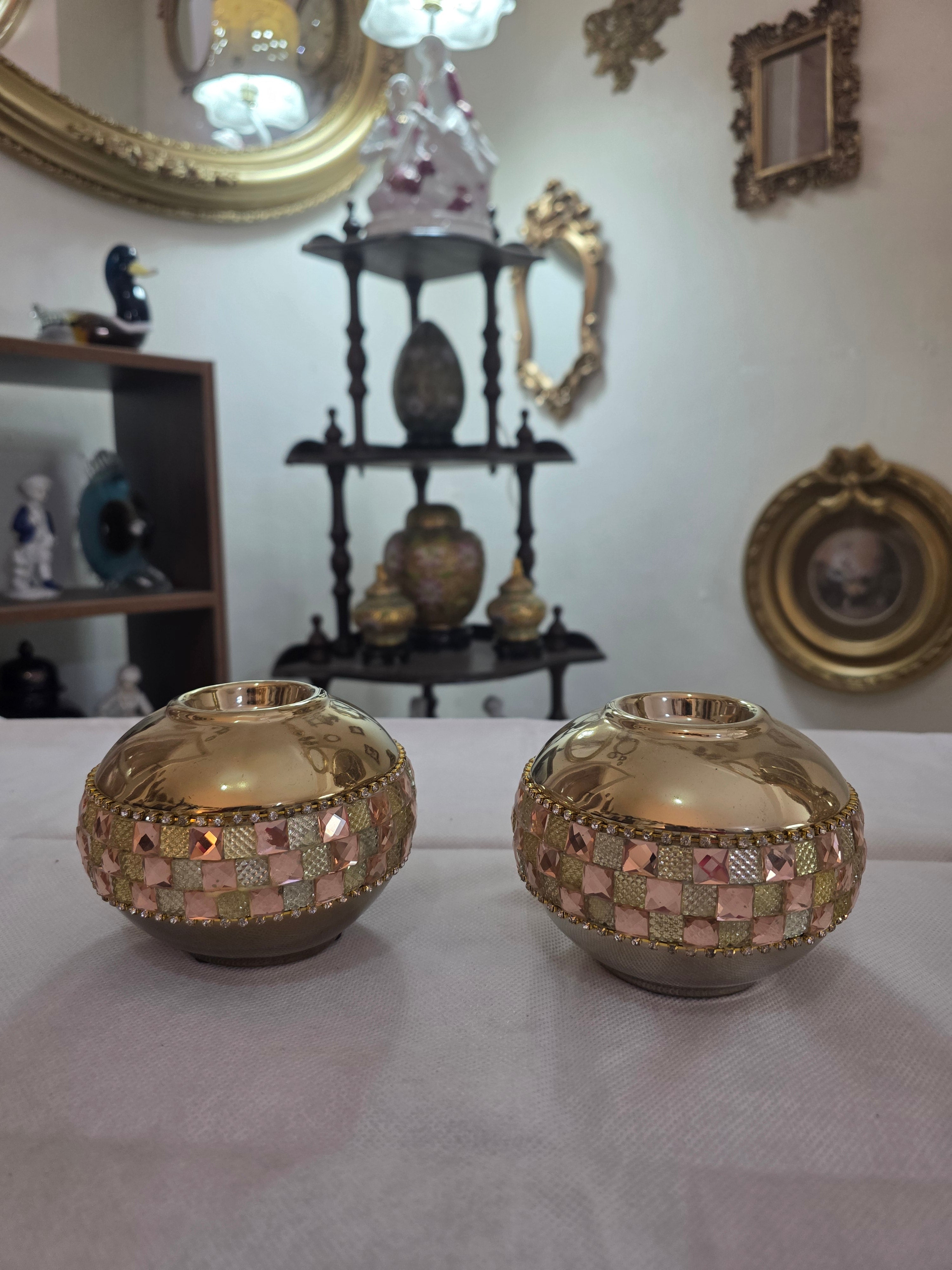 Gold bonbonnière and candle holder set