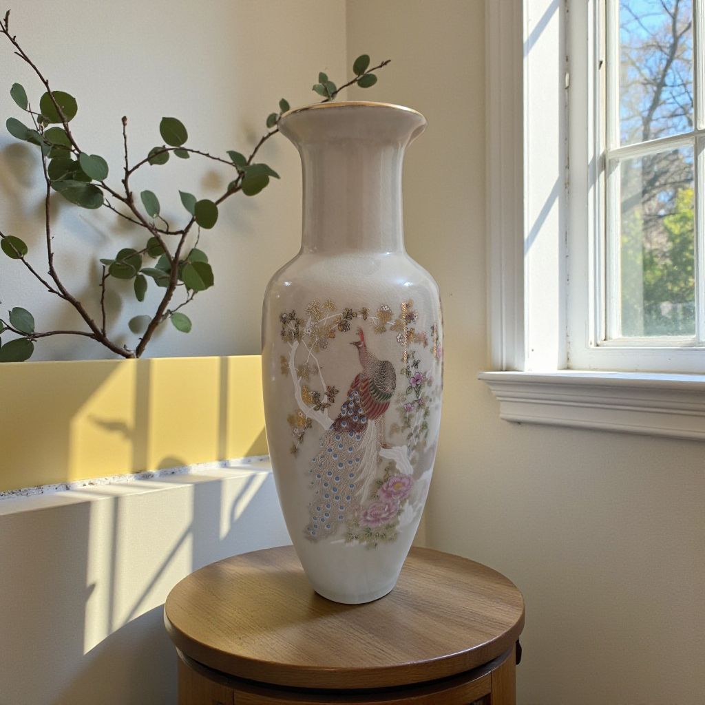 Hand-Painted Japanese Ceramic Vase with Floral Scene