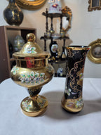 Bohemian Velvet Set — Black and Gold Glass Jar and Ornate Vase