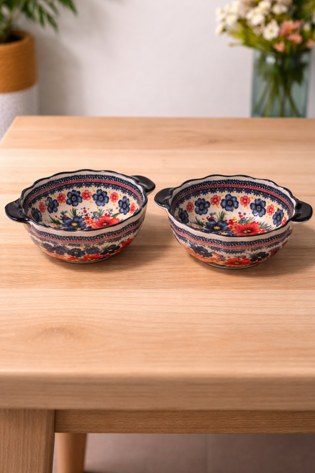 Paired Ceramic Bowls with Floral Pattern