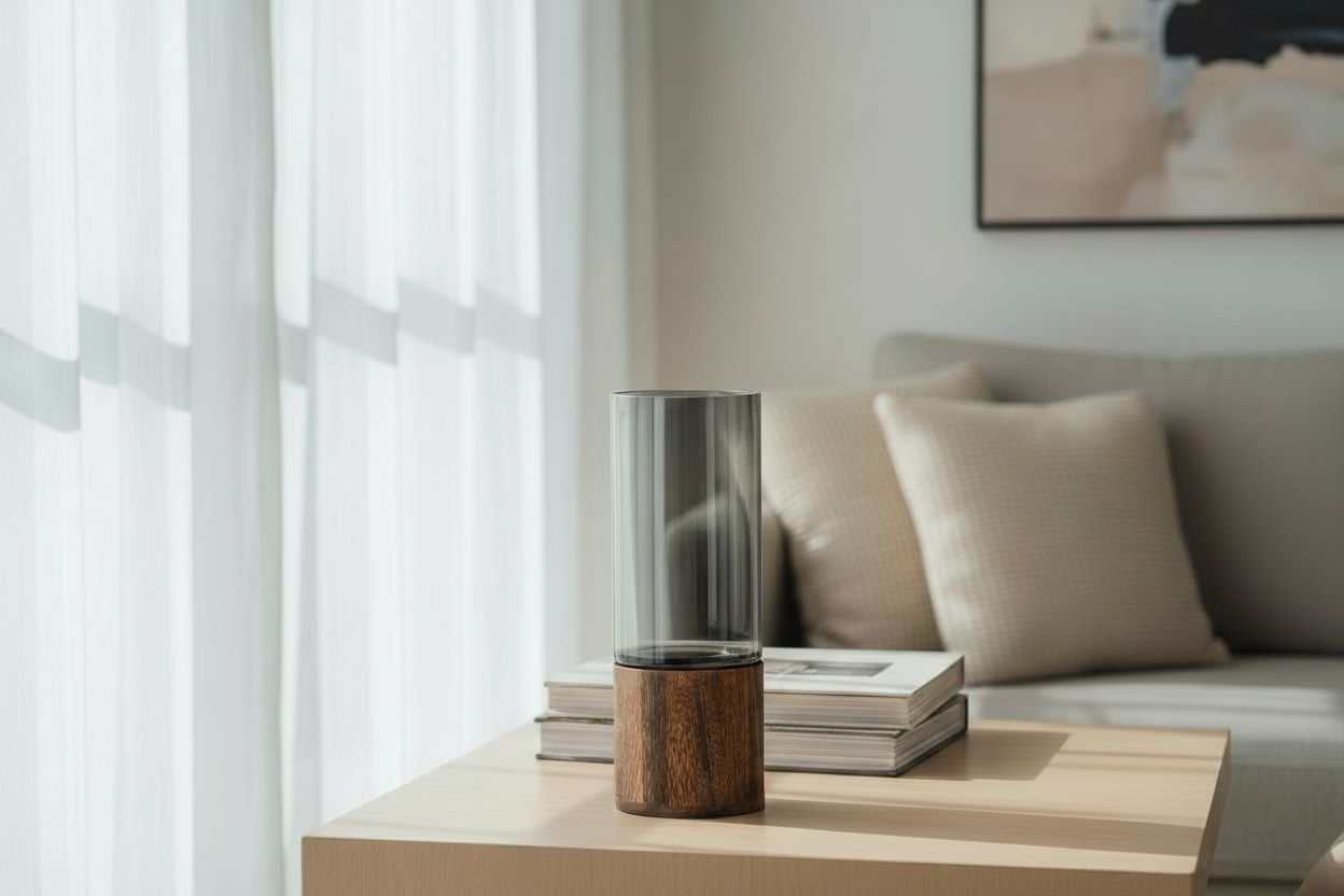 Smoky Glass Cylinder Vase with Wood Base