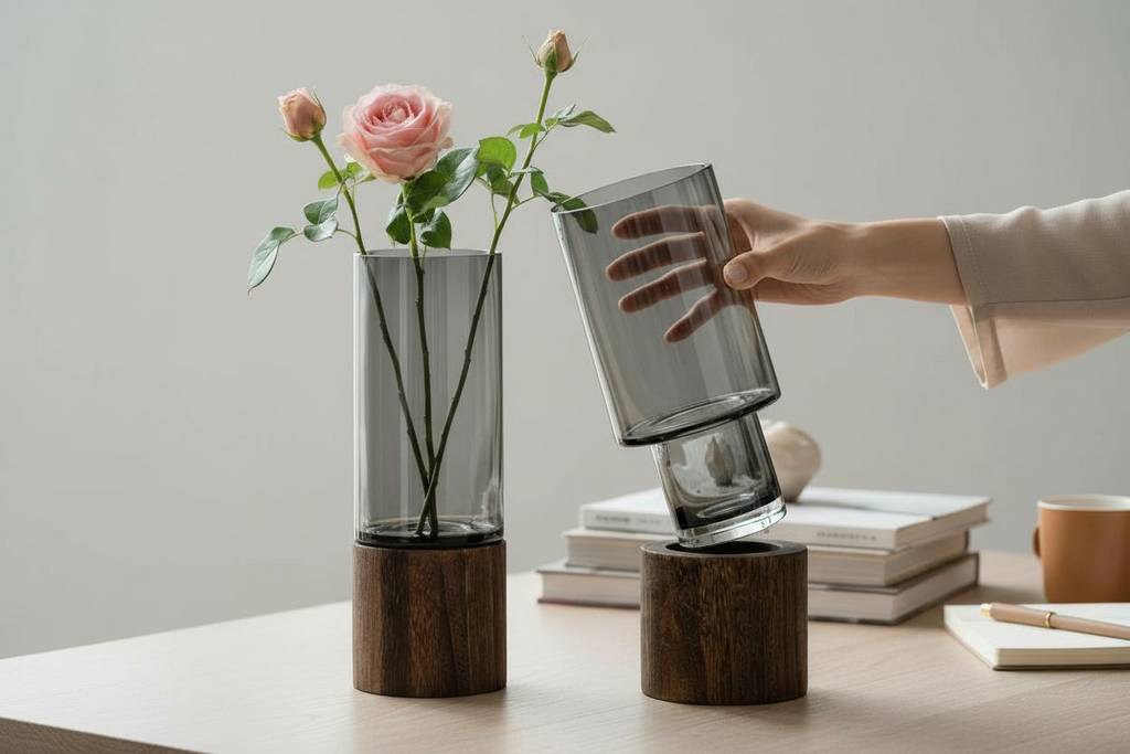 Smoky Glass Cylinder Vase with Wood Base