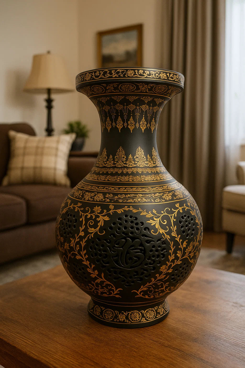 Ornate Ajour Black vase with gold-tone