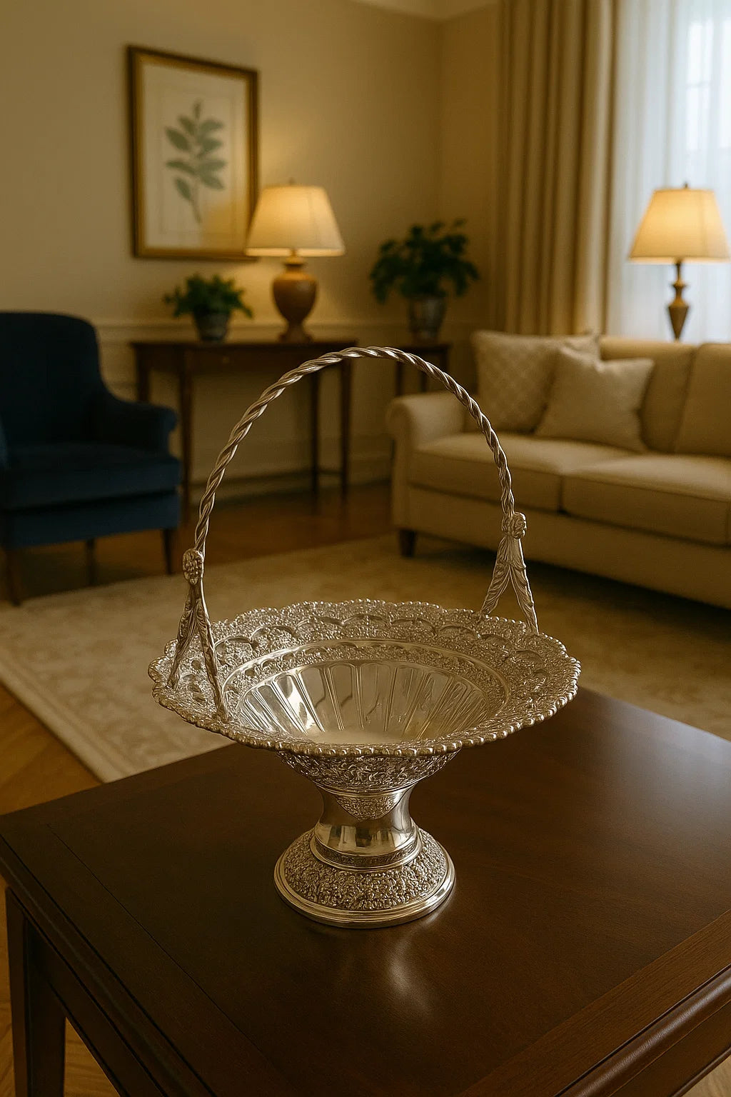 Ornate Silver Tone pedestal Basket