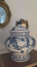 Bleu Blanc Porcelain Jar – Rounded Silhouette, Bird & Vineyard Motif