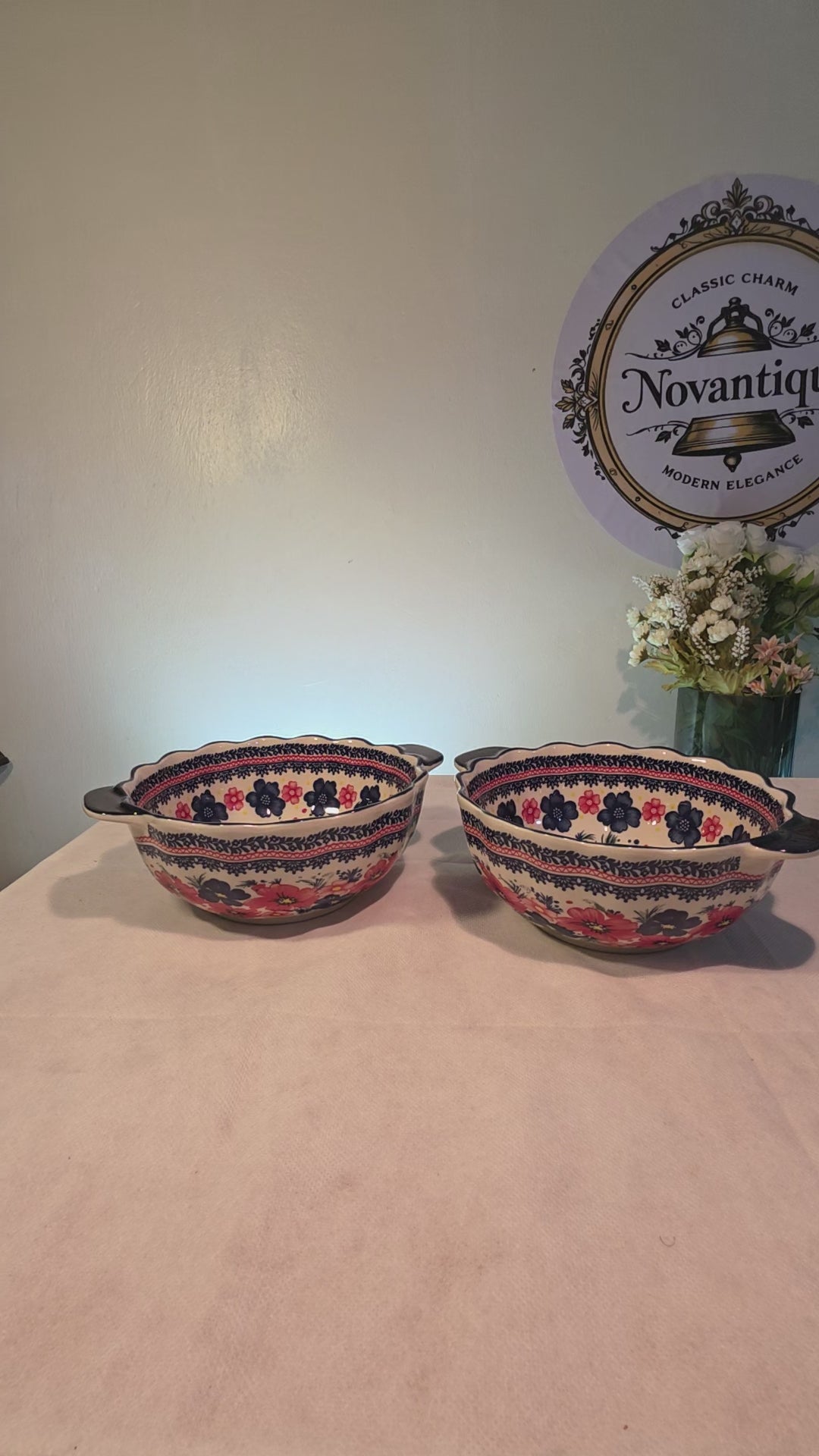 Paired Ceramic Bowls with Floral Pattern