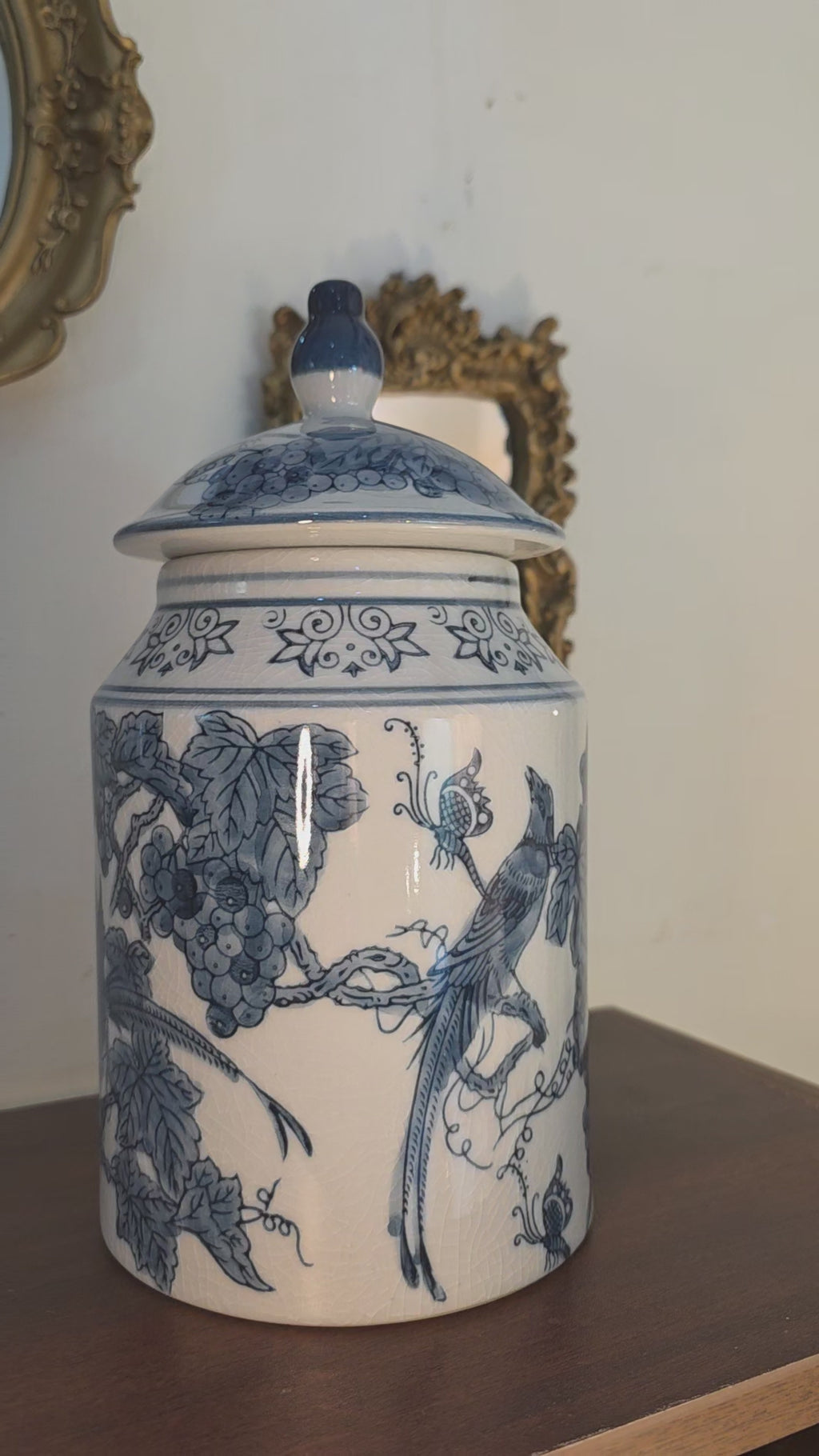Bleu Blanc Porcelain Lidded Jar – Bird & Vineyard Motif