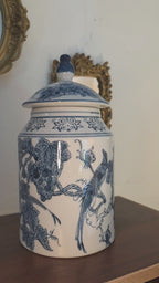 Bleu Blanc Porcelain Lidded Jar – Bird & Vineyard Motif