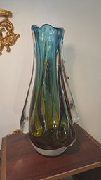 Sculptural Teal & Amber Art Glass Vase with Cascading Drops