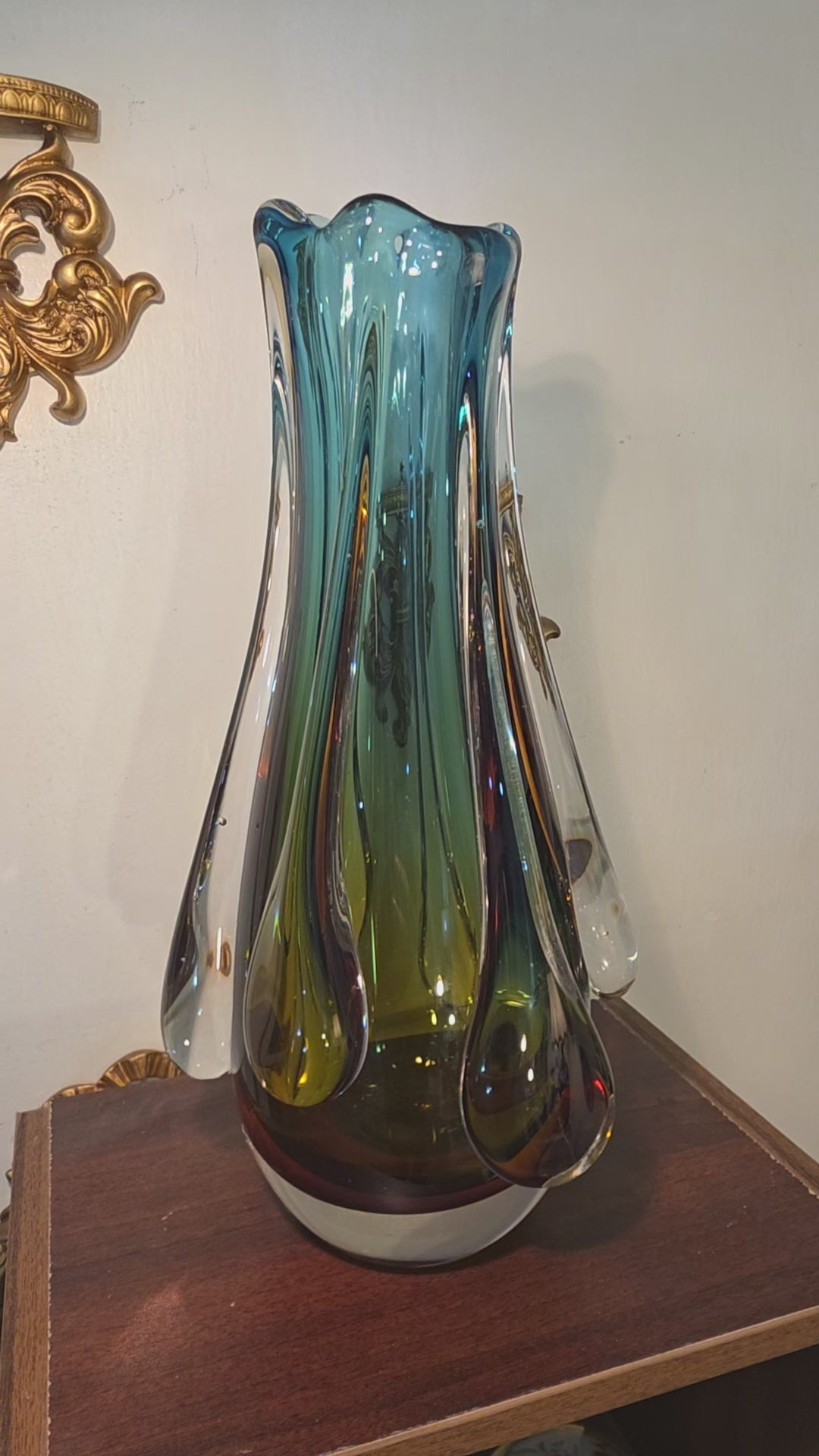 Sculptural Teal & Amber Art Glass Vase with Cascading Drops