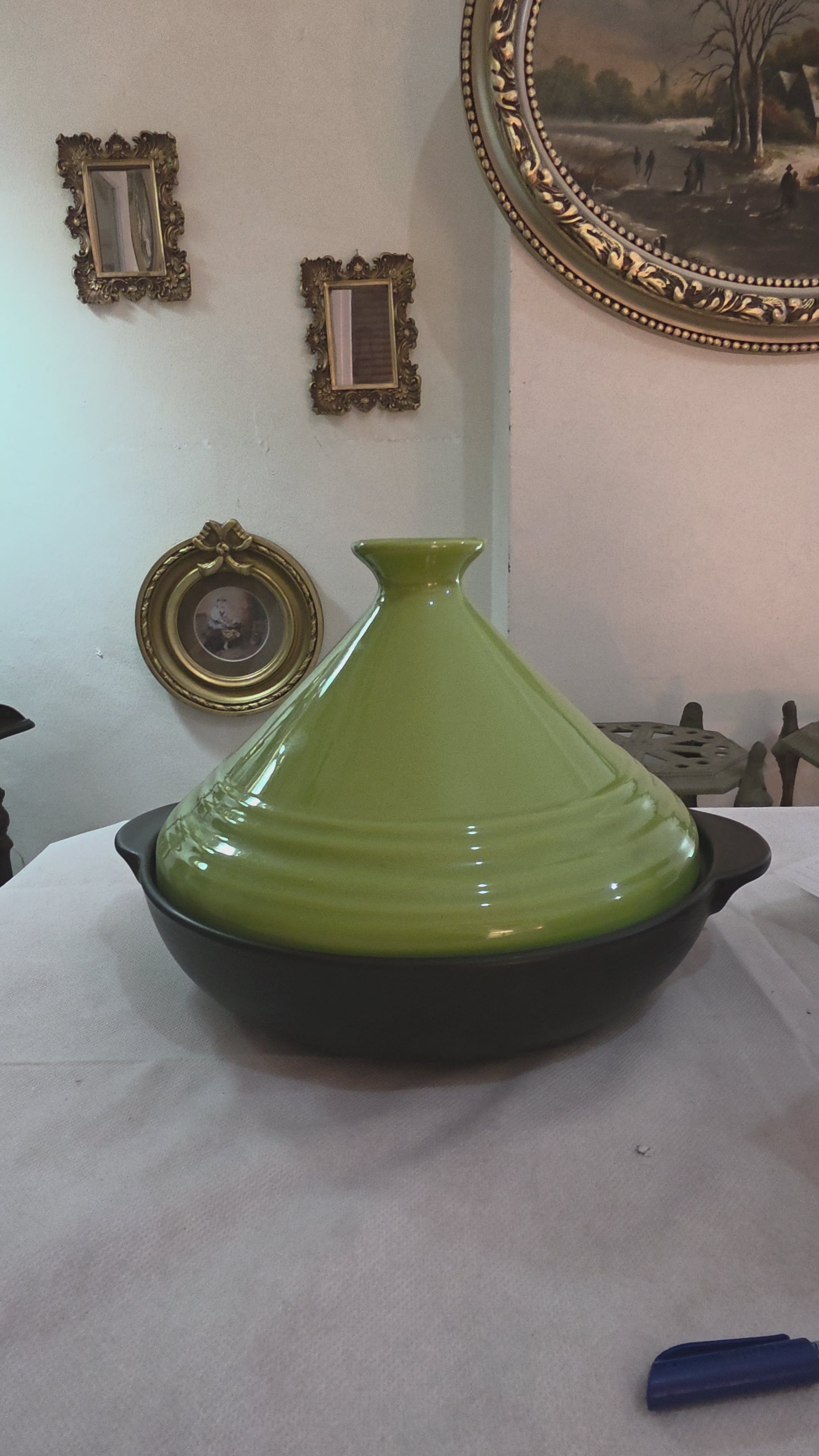 A pop of color for your Table: ceramic tagine with vivid green lid.