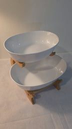 Tiered Ceramic Serving Bowls with Wooden Stand