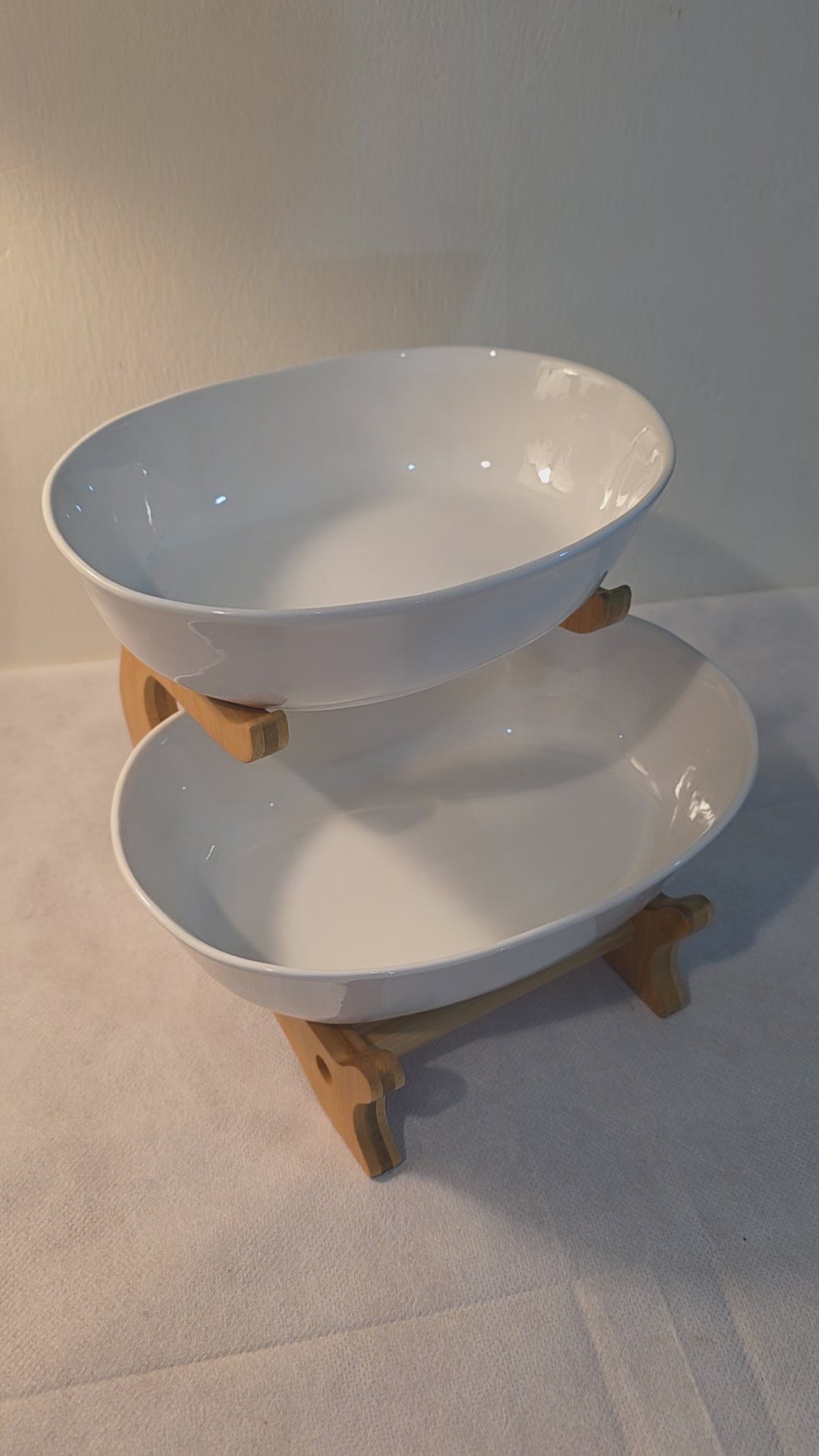 Tiered Ceramic Serving Bowls with Wooden Stand
