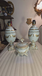 Bernadotte Limoges Style Porcelain Table Lamp Set with Bonbonnière