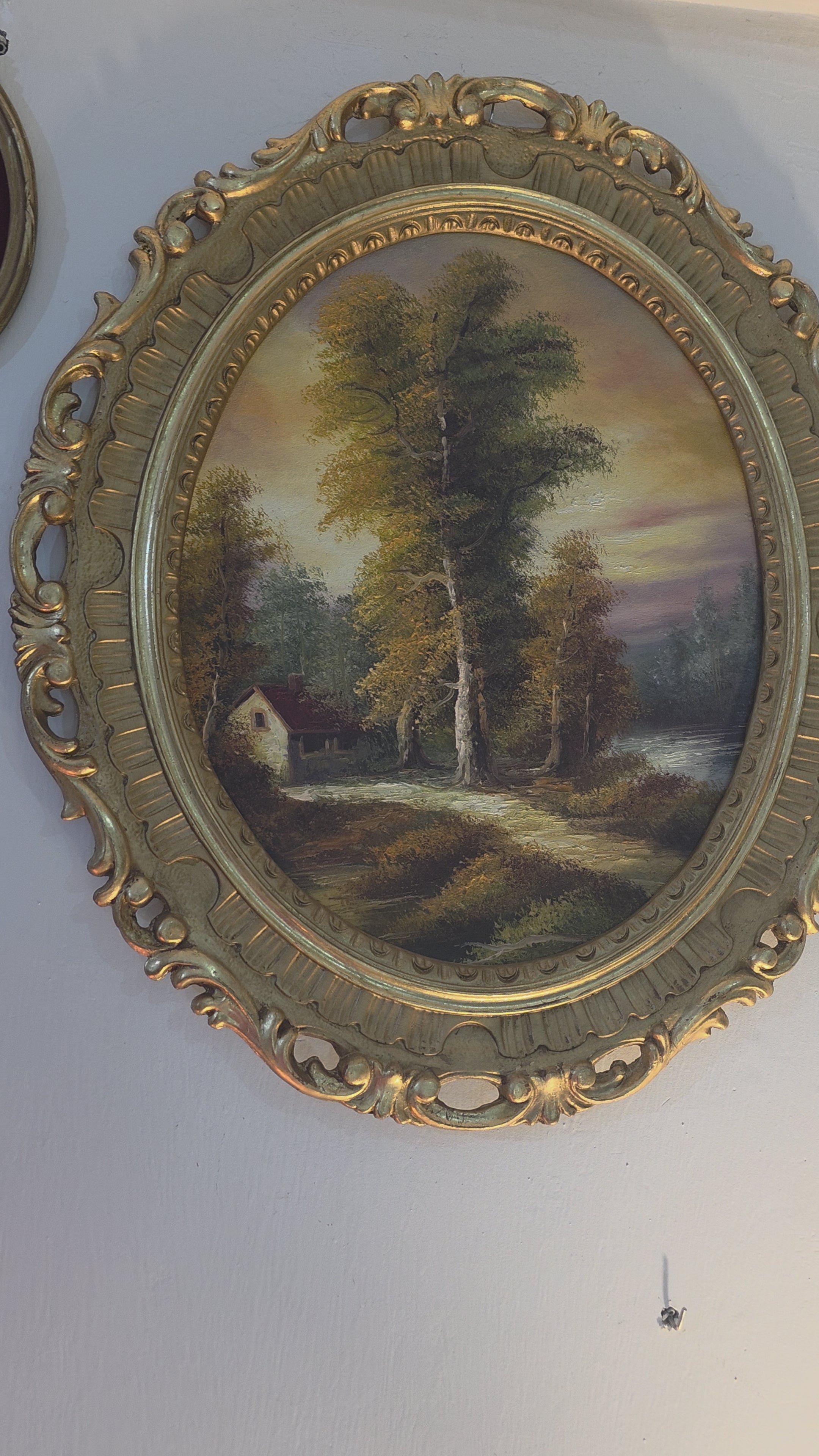 Vintage Oval Landscape Painting in Ornate Gold Frame